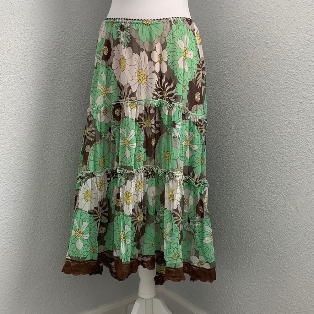Surrealist green brown floral skirt